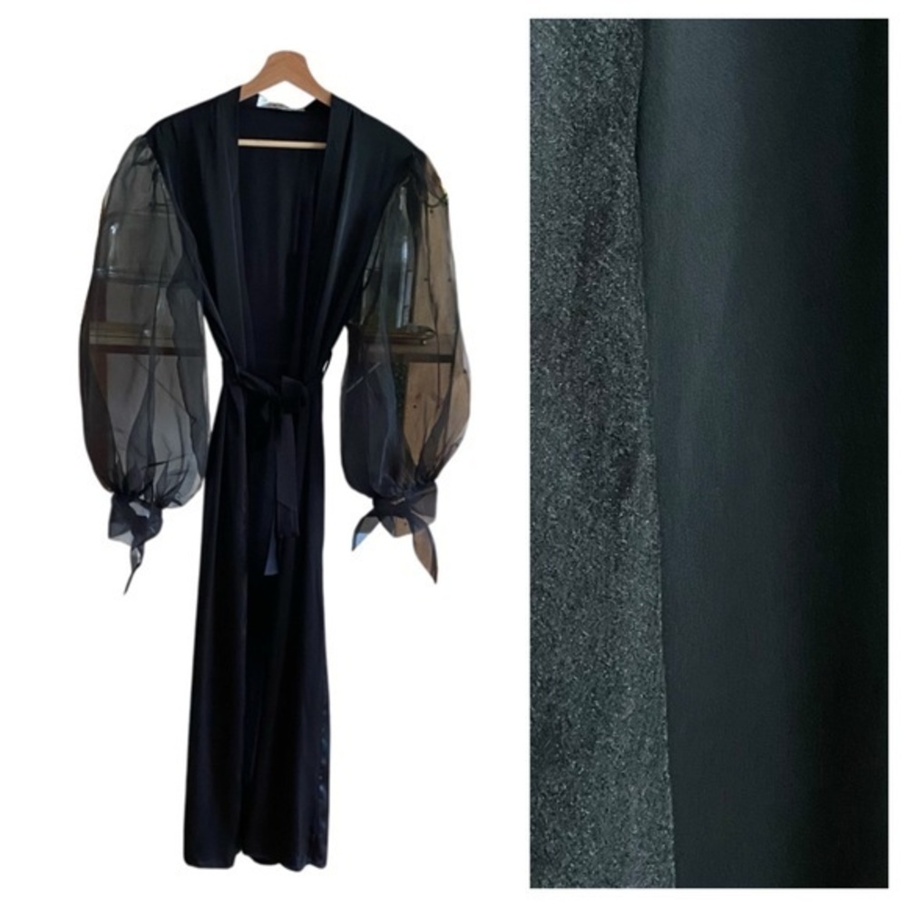 The Robe UA Black Satin Sheer Sleeve Melanie Long Bridal Robe One Size